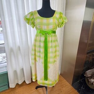 Vintage 1970s dress, green, lime yellow, Irving Nadler, short sleeves, 6 (S/M)